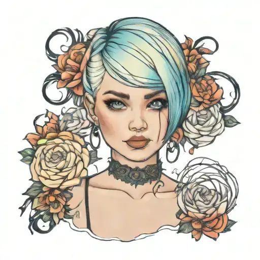 girl with short colorful hair tattoo design idea