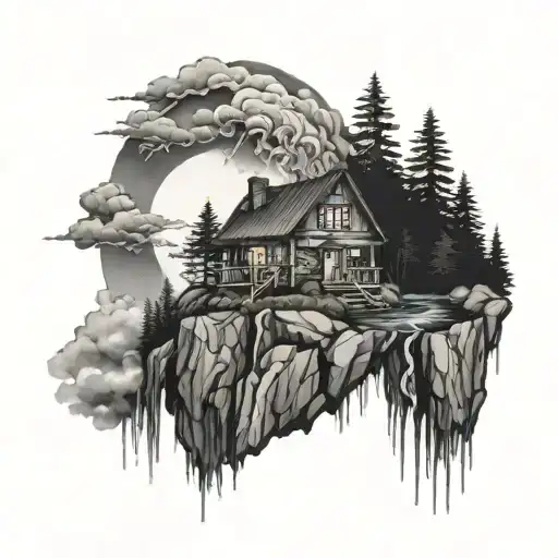 house built on rock/mountain with trees and a stream. rain, storms, wind, waves, lighting around house.  tattoo design idea
