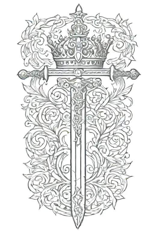 long sword going through the middle of a king's crown tattoo design idea
