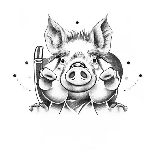 A playful pig playing a guitar on a stage tattoo design idea