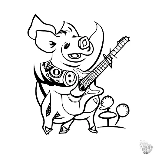 A playful pig playing a guitar on a stage tattoo design idea