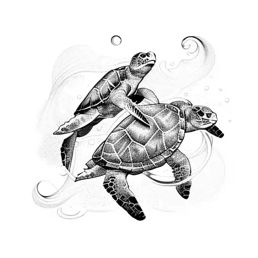 Two marine turtles swimming through a sea of swirling waves tattoo design idea