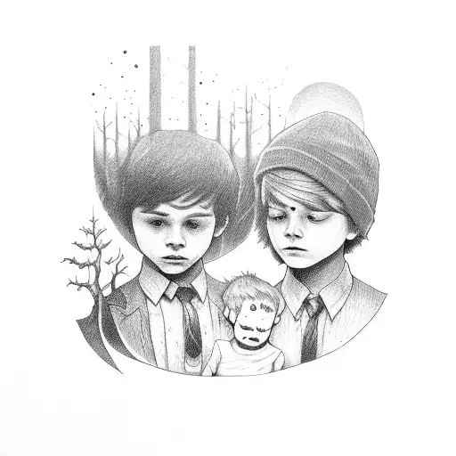 Two boys and one girl hold a boy crying in deep dark forest tattoo design idea