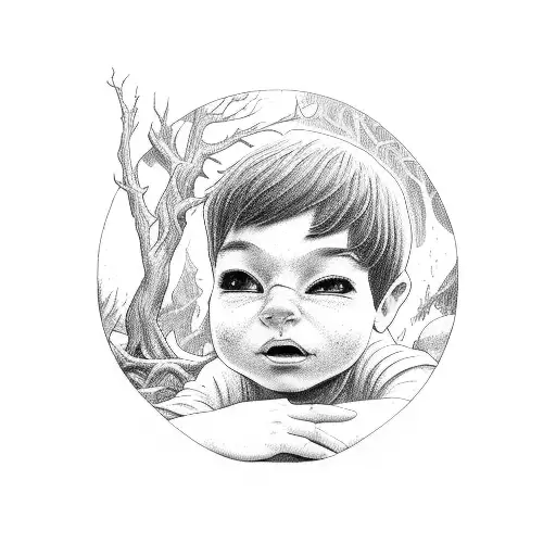 Two boys and one girl hold a little boy crying in cyrcle  deep dark forest tattoo design idea