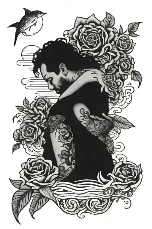 Man embracing woman with flowers and an ocean in the background  tattoo design idea