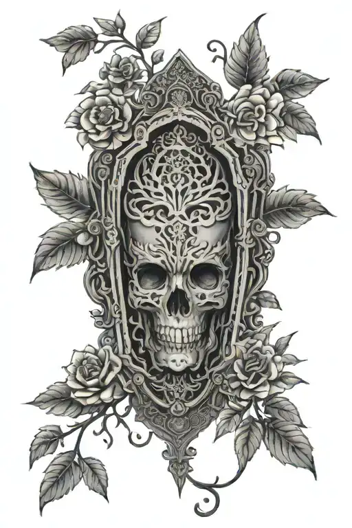 4K Ultra high def upright intricate  Coffin, Ominous Tree In The Background with flowers Tattoo Idea tattoo design idea