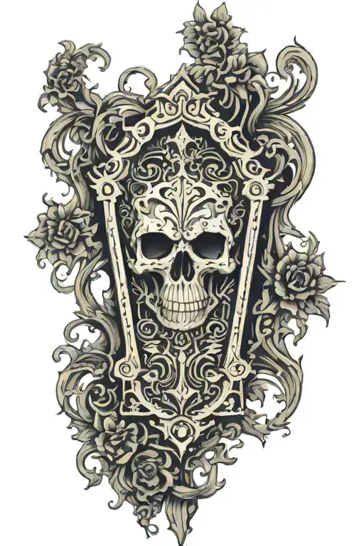 4K ultra high def majestic with a vertical intricate coffin in the middle  tattoo design idea