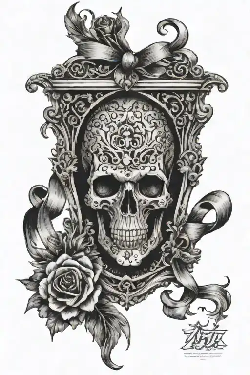 4K ultra high def majestic with a vertical coffin in the middle With a think Symmetrical ribbon wrapped around it tattoo design idea