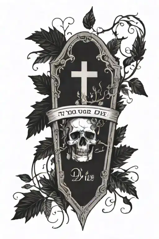 The words if you die, I want to die with you wrapped in a ribbon around an upright coffin with a tree in background tattoo design idea