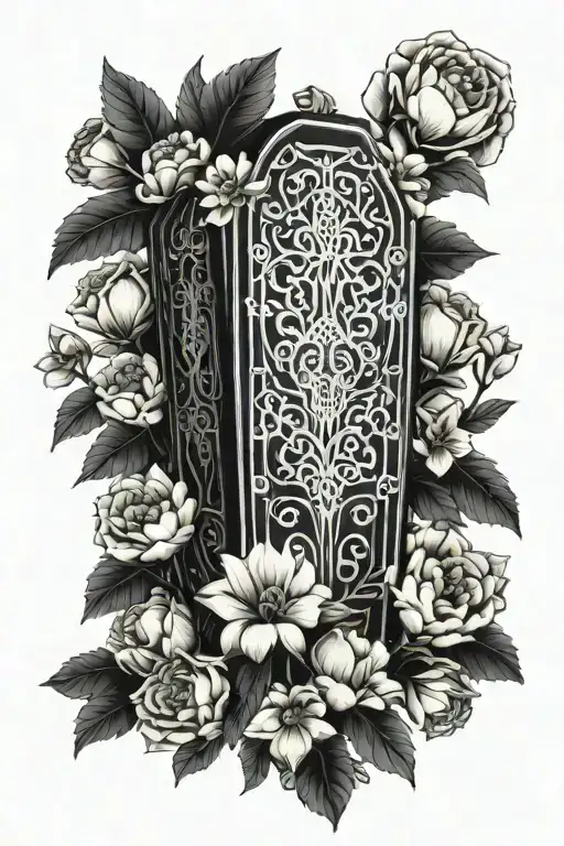 4K Ultra high def upright intricate  Coffin, Ominous Tree In The Background with flowers Tattoo Idea tattoo design idea