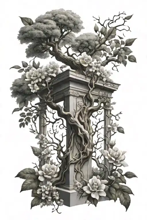 4K ultra high def Ancient Tree with a vetical coffin in the middle covered with flowers on outside tattoo design idea