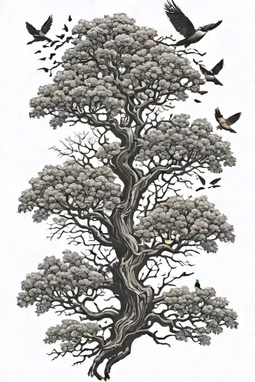 Ominous flowering tree with birds flying above  tattoo design idea