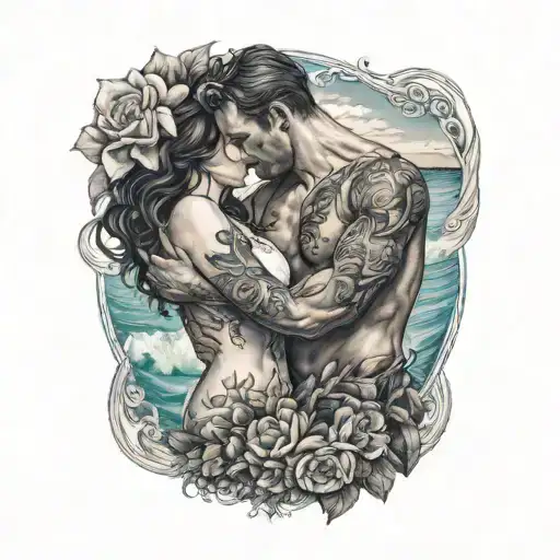 Man holding woman intertwined with flowers with an ocean in the background  tattoo design idea