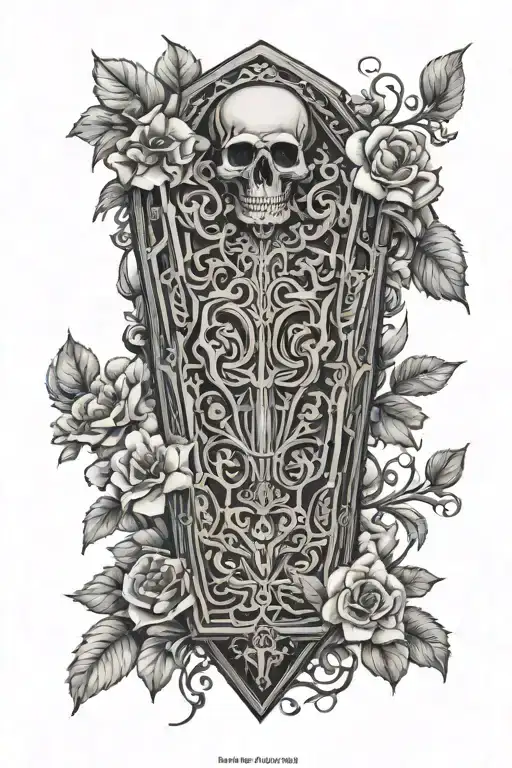 4K Ultra high def upright intricate  Coffin, Ominous Tree In The Background with flowers Tattoo Idea tattoo design idea