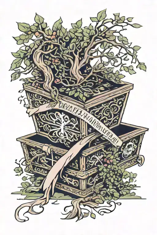 If you die I want to die with you words wrapped in a symmetrical ribbon around an upright coffin with a tree in  tattoo design idea