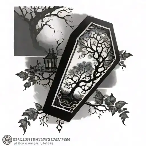 Upright Coffin, Ominous Tree In The Background Tattoo Idea tattoo design idea