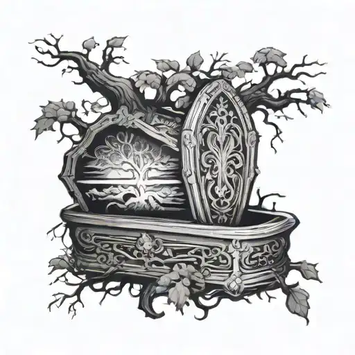 Upright Coffin, Ominous Tree In The Background Tattoo Idea tattoo design idea