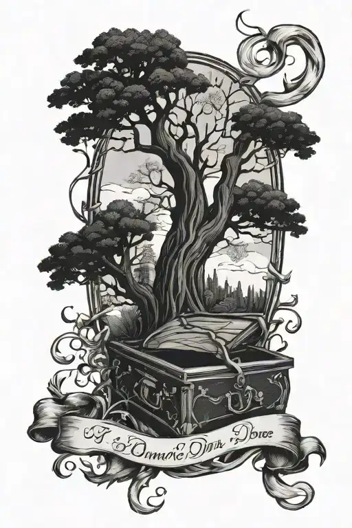 If you die, I want to die with you wrapped in a ribbon around an upright coffin, ominous tree in the background tattoo design idea