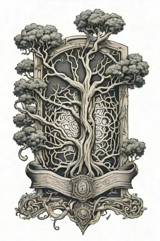 4K ultra high def Ancient Tree with a vertical coffin in the middle With a think Symmetrical ribbon wrapped around it tattoo design idea