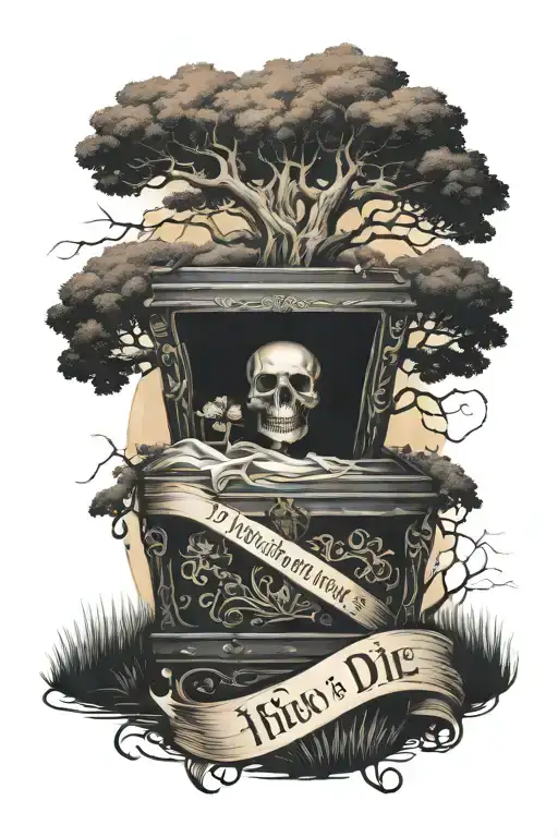 The words if you die, I want to die with you wrapped in a ribbon around an upright coffin with a tree in background tattoo design idea