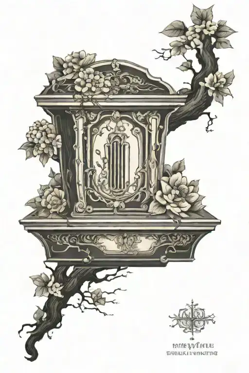 Upright Coffin, Flowering Ominous Tree In The Background Tattoo Idea tattoo design idea