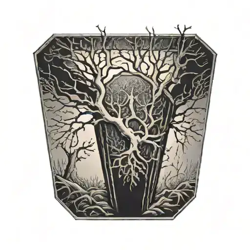 Upright coffin, ominous tree in the background tattoo design idea