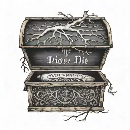 the words "If you die I want to die with you" wrapped around a gothic coffin, with a tree in the background  tattoo design idea
