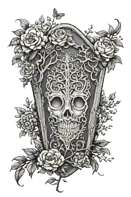 Upright coffin with no lid, an ominous tree In the Background with flowers  tattoo design idea