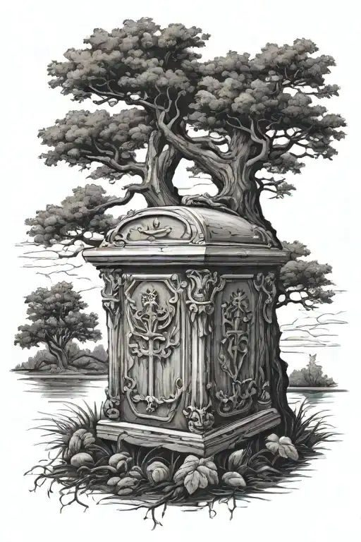 Upright Coffin, Ominous Tree In The Background Tattoo Idea tattoo design idea