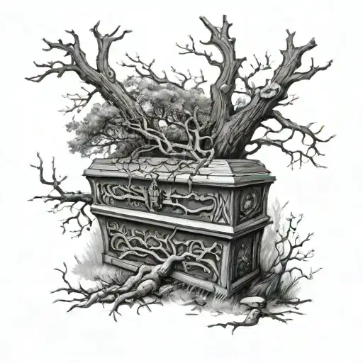 Upright Coffin, Ominous Tree In The Background Tattoo Idea tattoo design idea