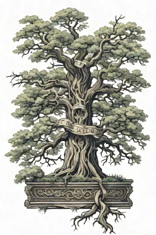 4K ultra high def Ancient Tree with a vertical coffin in the middle With a think Symmetrical ribbon wrapped around it tattoo design idea