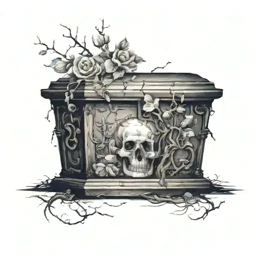 Upright Coffin, Ominous Tree In The Background with flowers Tattoo Idea tattoo design idea