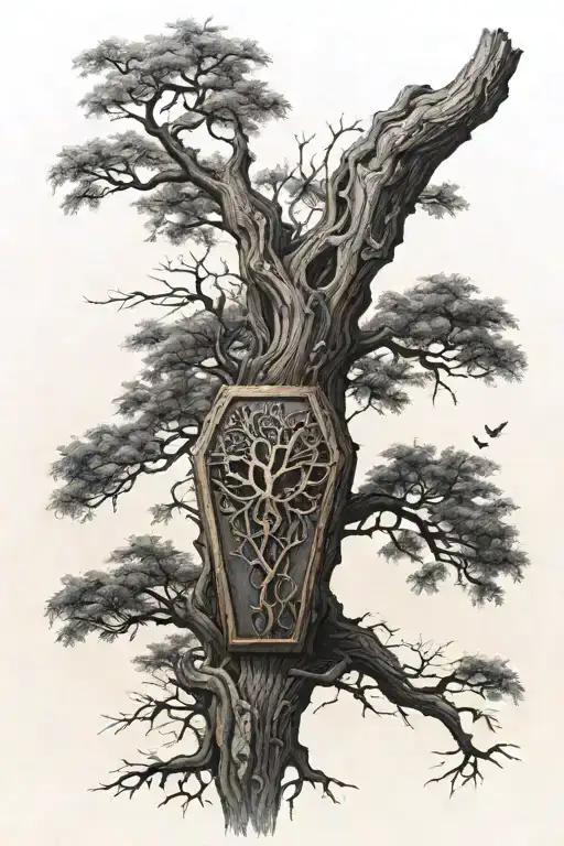Upright coffin, ominous tree in the background tattoo design idea