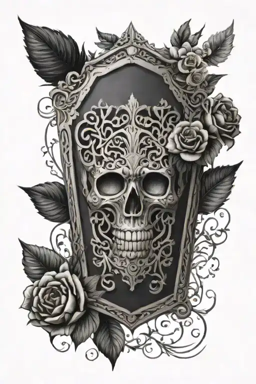 4K Ultra high def upright open intricate  Coffin, Ominous Tree In The Background with flowers Tattoo Idea tattoo design idea