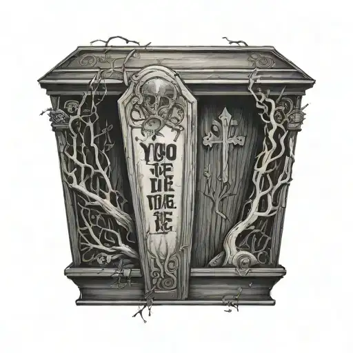 the words "If you die I want to die with you" wrapped around a gothic upright  coffin, with a tree in the background  tattoo design idea