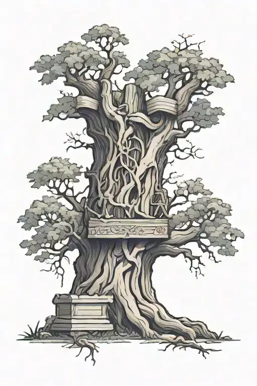 4K ultra high def Ancient Tree with a vertical coffin in the middle With a think Symmetrical ribbon wrapped around it tattoo design idea