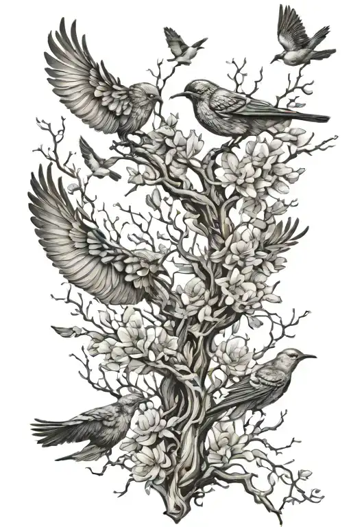 Intricate flowers wrapped like a tree with birds flying above  tattoo design idea