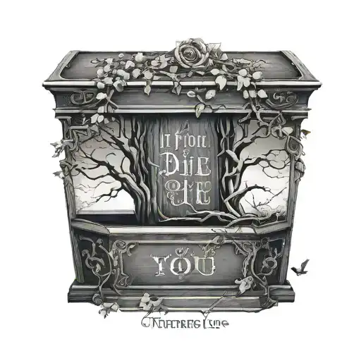If you die I want to die with you wording, wrapped around an upright  coffin, with a tree in the background  tattoo design idea