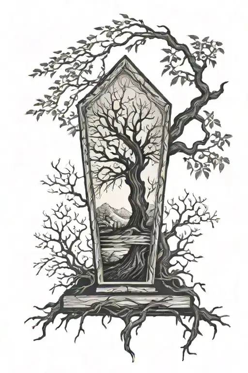Upright coffin, ominous tree in the background tattoo design idea