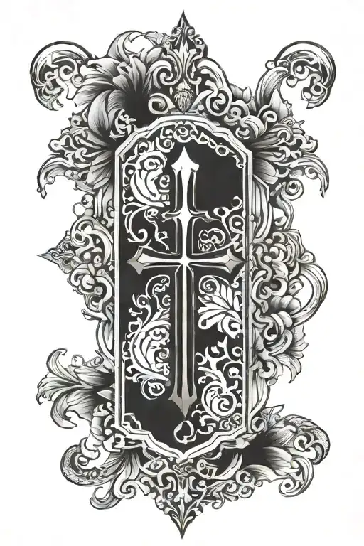 4K ultra high def majestic with a vertical coffin in the middle With a think Symmetrical ribbon wrapped around it tattoo design idea