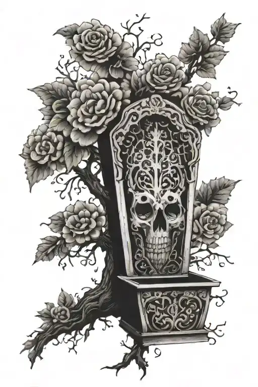 Upright open intricate Coffin, Ominous Tree In The Background with flowers  tattoo design idea