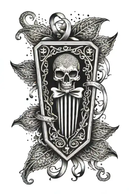 4K ultra high def majestic with a vertical coffin in the middle With a think Symmetrical ribbon wrapped around it tattoo design idea