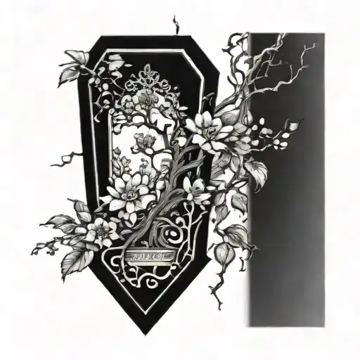 Upright Coffin, Flowering Ominous Tree In The Background Tattoo Idea tattoo design idea