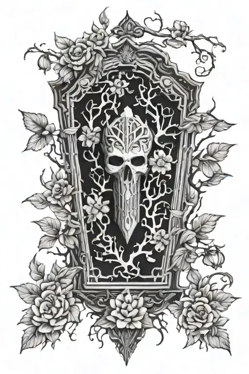 4K Ultra high def  vertical Coffin, Ominous Tree In The Background with flowers Tattoo Idea tattoo design idea