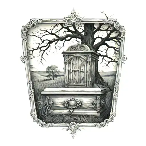 Upright coffin, ominous tree in the background tattoo design idea