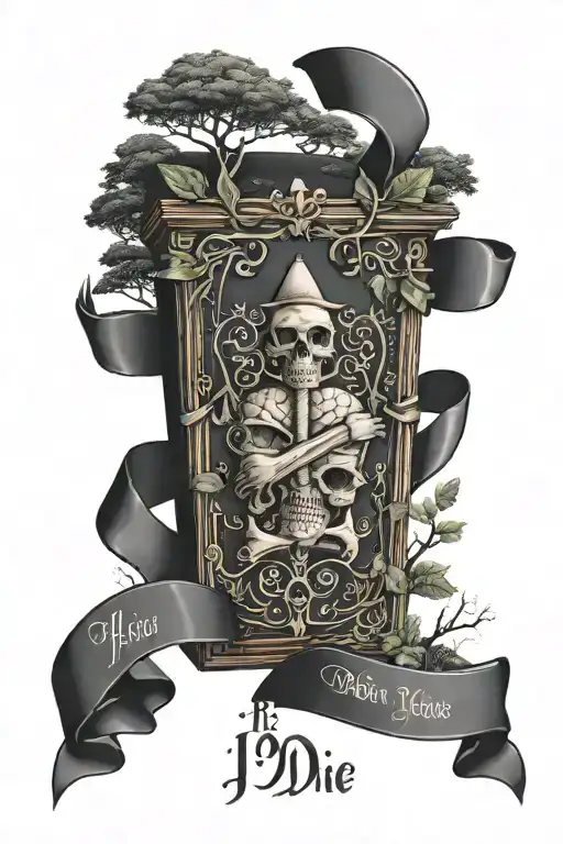 The words if you die, I want to die with you wrapped in a symmetrical ribbon around an upright coffin with a tree in  tattoo design idea