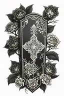 4K Ultra high def upright intricate  Coffin, Ominous Tree In The Background with flowers Tattoo Idea tattoo design idea