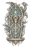 4K ultra high def majestic with a vertical intricate coffin in the middle  tattoo design idea