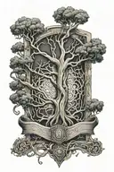 4K ultra high def Ancient Tree with a vertical coffin in the middle With a think Symmetrical ribbon wrapped around it tattoo design idea
