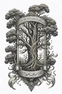 4K ultra high def Ancient Tree with a vertical coffin in the middle With a think Symmetrical ribbon wrapped around it tattoo design idea
